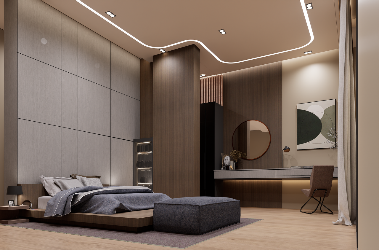 Explore this stylish and modern minimalist bedroom with elegant decor and lighting.